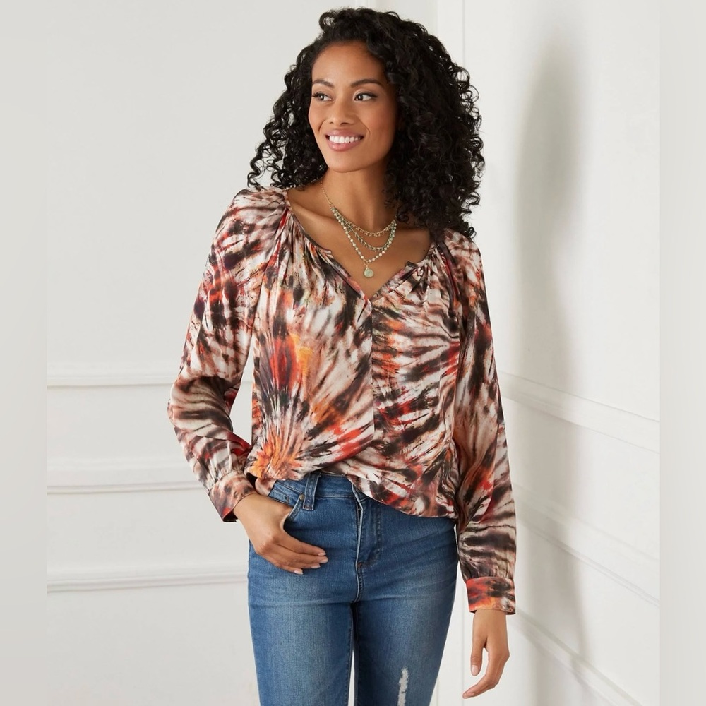Karen KaneTie Dye Printed Tie Split V-Neck Long Sleeve Curved Hem Peasant Top